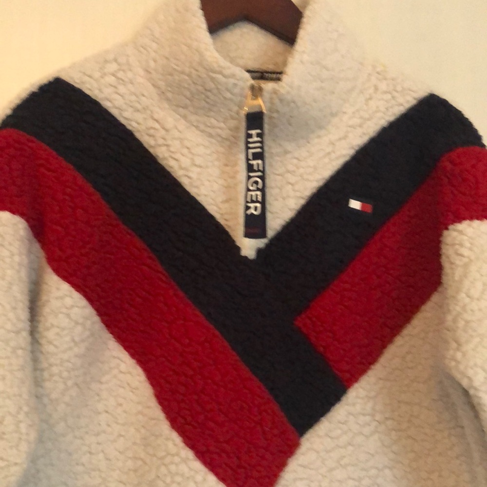 Tommy Hilfiger Fleece Quarter Zip Red Blue Long Sleeve Pullover Sweater Size L - Picture 3 of 12